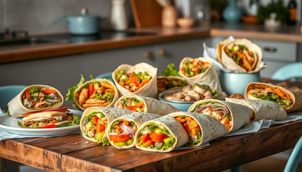 A variety of creative wraps and sandwiches artfully arranged on a rustic wooden table in a cozy, minimal kitchen. Freshly sliced vegetables, colorful spreads, and expertly rolled tortillas create a visually stunning display. Soft, natural lighting casts a warm glow, highlighting the textures and flavors. The composition is balanced, with a mix of close-up details and wider shots to showcase the array of handheld lunch options. Light blue accents add a touch of freshness, complementing the natural tones. The scene exudes an inviting, casual atmosphere, inspiring the viewer to enjoy a delicious and satisfying cold lunch.