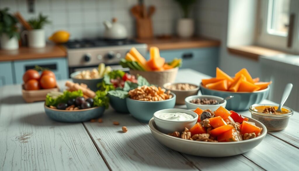 A variety of delectable meal prep sides and snacks artfully arranged on a rustic wooden table in a cozy, minimalist kitchen setting. The scene features a selection of fresh fruits, vibrant vegetables, crunchy nuts, and wholesome dips and spreads, all accented by a soothing light blue color palette. The lighting is soft and natural, creating a warm, inviting atmosphere that captures the essence of convenient, nutritious meal planning. The composition is balanced and visually appealing, showcasing the diverse range of flavorful and visually striking options for customizing one's lunch meal prep.