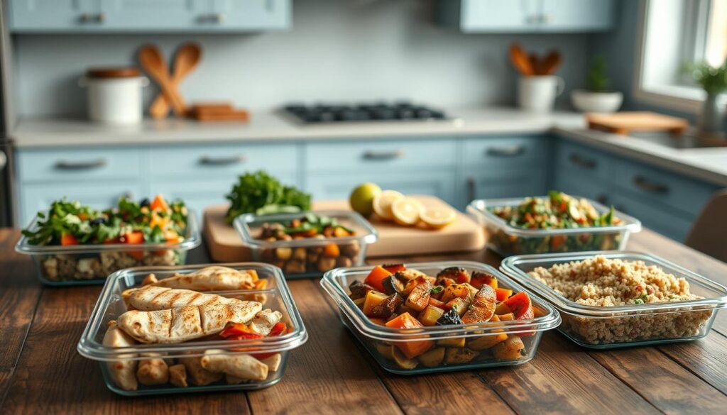A variety of diabetic-friendly dinner meal prep options neatly arranged on a rustic wooden table. In the foreground, an assortment of portioned-out containers with hearty, nutrient-dense dishes - grilled chicken, roasted vegetables, quinoa salad. In the middle ground, a cutting board with fresh herbs and citrus slices, conveying a sense of homemade preparation. The background features a minimalist kitchen with light blue accents, warm natural lighting casting a soft glow. The overall scene exudes a sense of healthy, balanced living and meal planning, perfect for a diabetic-friendly recipe roundup.