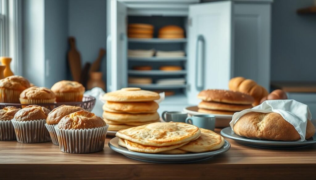 A variety of fluffy muffins, golden pancakes, and fresh-baked breads arranged on a wooden kitchen counter, surrounded by a minimal, cozy atmosphere with light blue accents. The scene is illuminated by soft, natural lighting, captured at a slightly elevated angle to showcase the tantalizing spread. Subtle shadows create depth, highlighting the inviting textures and colors of the homemade breakfast items. An organized freezer cabinet in the background hints at the ease of meal prepping, setting the stage for a quick, nourishing start to the day.