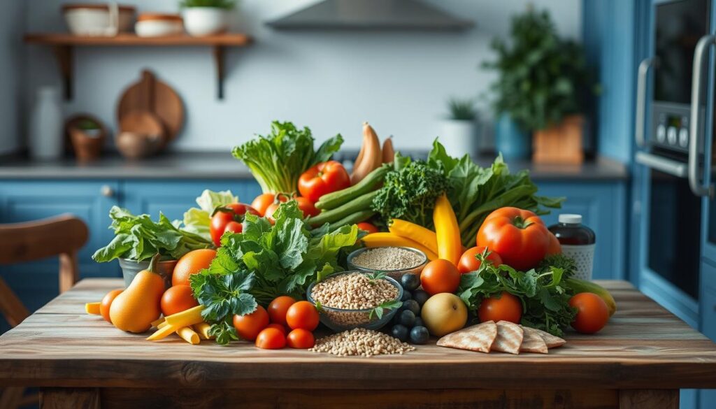 A variety of fresh, colorful ingredients arranged in a tempting display on a rustic wooden table. Vibrant vegetables, crisp leafy greens, juicy fruits, hearty grains, and flavorful proteins create a visually appealing mix-and-match composition. Soft, natural lighting casts a warm glow, highlighting the textures and hues. The minimal, blue-accented kitchen environment provides a clean, uncluttered backdrop, allowing the ingredients to take center stage. The camera angle captures the scene from a slightly elevated perspective, giving a birds-eye view of the enticing selection. This image evokes a sense of culinary inspiration and flexibility, perfectly complementing the "Planning Your Mix-and-Match Ingredients for Variety" section of the article.