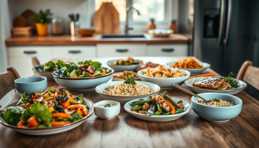 A variety of healthy and delectable dinner options arranged on a wooden table in a cozy, minimalist kitchen. Crisp, fresh salads, hearty grains, roasted vegetables, and lean protein dishes in a harmonious color palette of earthy tones and light blue accents. Soft, natural lighting bathes the scene, highlighting the textures and flavors of this balanced, nourishing weekly meal rotation.