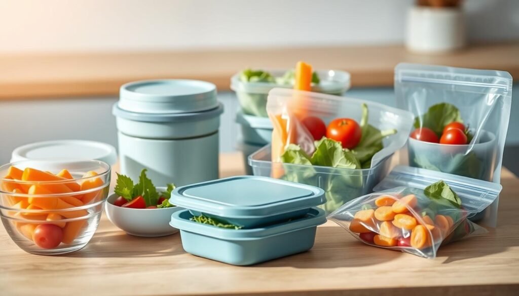 A variety of meal containers arranged on a wooden kitchen counter, with light blue accents. Sleek glass and ceramic bowls, rectangular bento-style boxes, and reusable silicone pouches filled with fresh, colorful vegetables like baby carrots, cherry tomatoes, and crisp leafy greens. The containers are bathed in soft, natural lighting, casting gentle shadows and highlighting the textures of the materials. An inviting, minimalist scene that showcases the diverse options for packing a nourishing, visually appealing cold lunch.