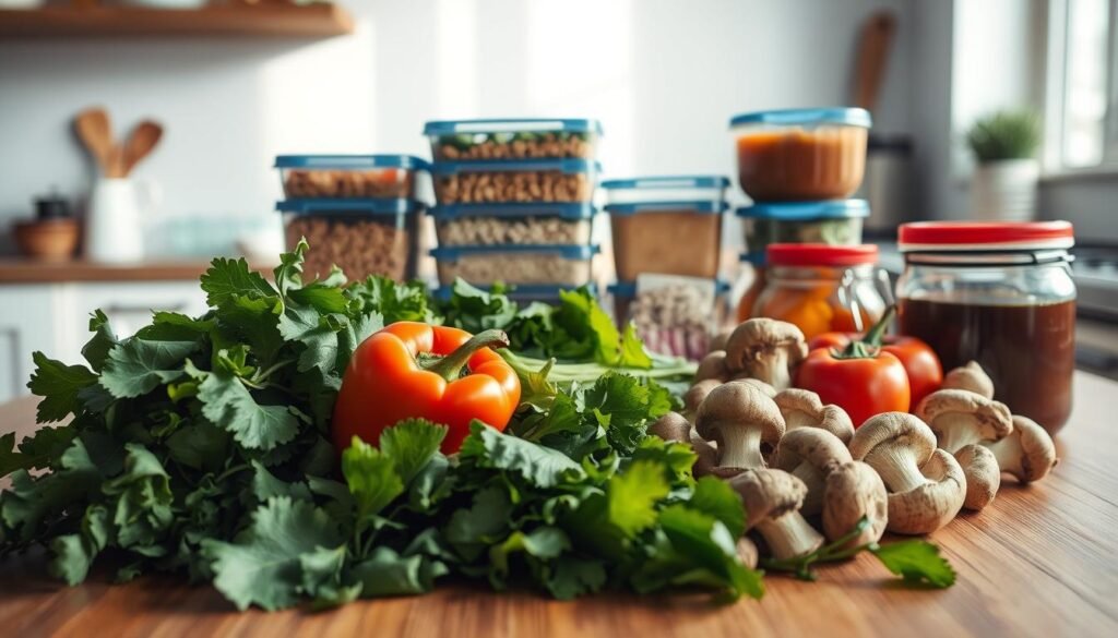 A variety of meal prep components laid out on a wooden kitchen counter, bathed in soft, natural lighting. In the foreground, an assortment of fresh vegetables - crisp greens, vibrant peppers, and earthy mushrooms. In the middle ground, neatly stacked containers with grains, proteins, and sauces. The background features a simple, minimalist kitchen with light blue accents, creating a calming, organized atmosphere. The scene conveys the versatility and customization possible in building a personalized, nutritious meal prep routine.