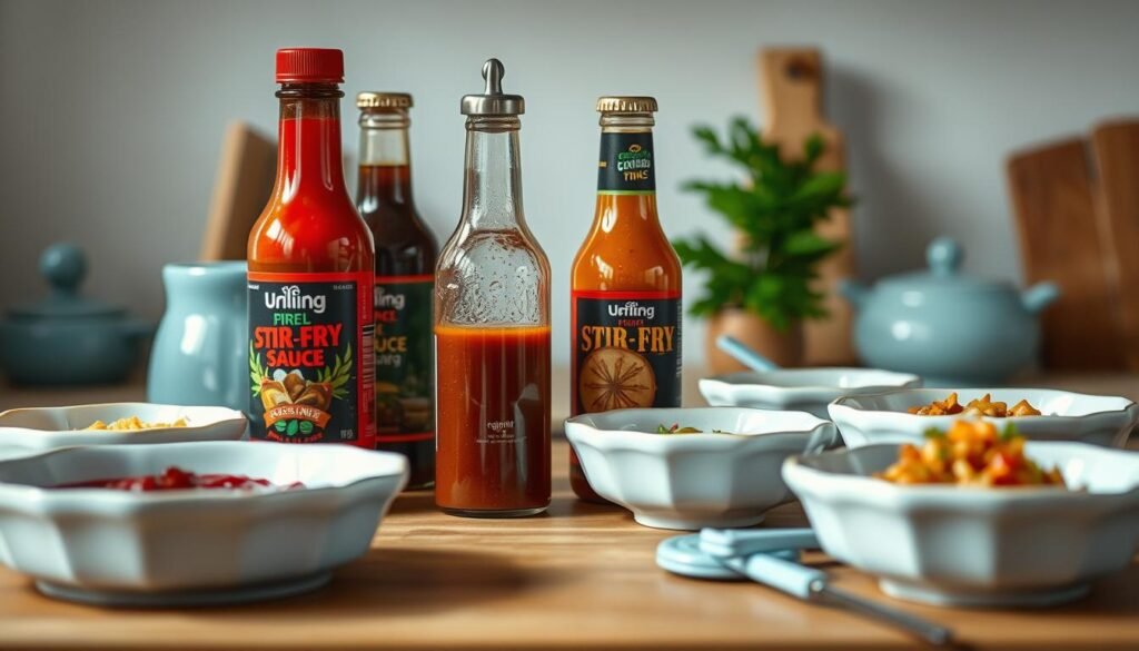 A variety of stir fry sauce bottles and dishes arranged on a wooden kitchen counter, with light blue ceramic accents. The sauces range from vibrant red to deep brown, hinting at diverse flavor profiles. Soft, diffused lighting creates a warm, inviting atmosphere, highlighting the texture of the wood and the glossy sheen of the sauces. The scene exudes a sense of culinary exploration and the promise of endless customizable stir fry experiences.