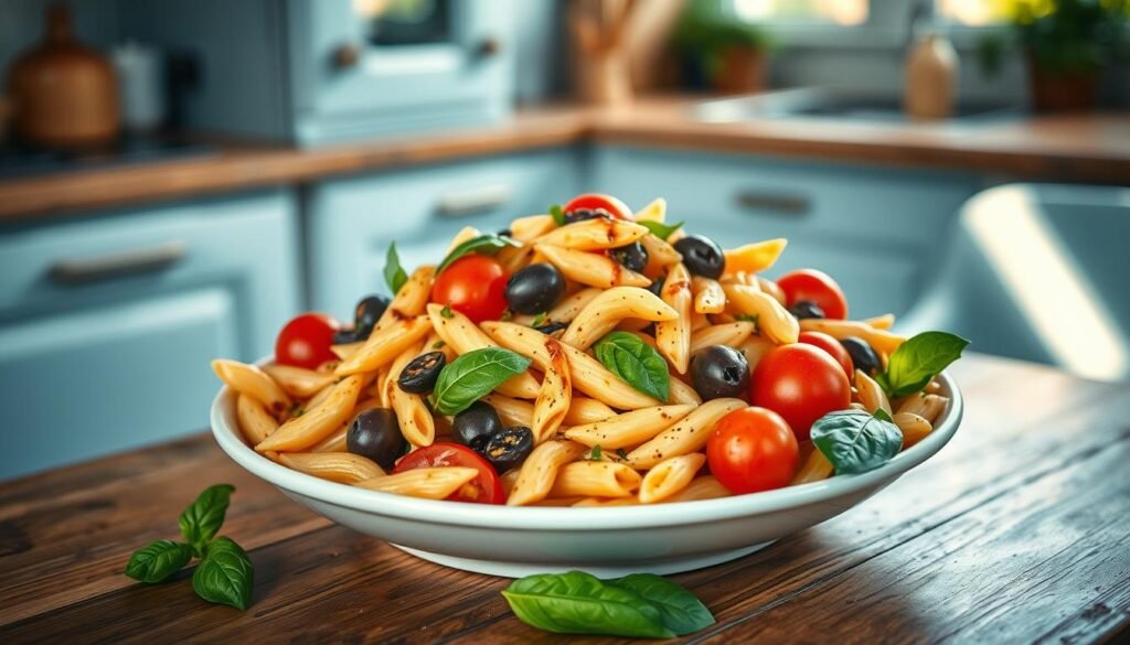 A vibrant Italian pasta salad, freshly tossed with al dente penne, juicy cherry tomatoes, crisp cucumbers, tangy kalamata olives, and fragrant basil leaves. Drizzled with a luscious, creamy balsamic vinaigrette, the flavors mingle harmoniously on a rustic wooden table, accentuated by the warm, natural light pouring in through a nearby window. The scene is framed by a soft, minimalist kitchen setting with light blue accents, creating a cozy, inviting atmosphere perfect for an Italian-inspired cold lunch.