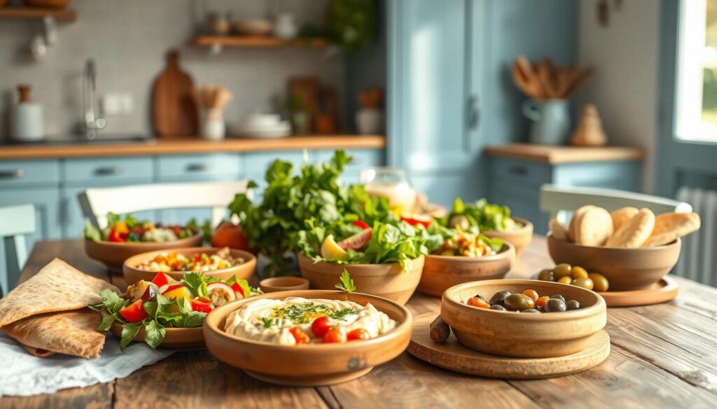 A vibrant Mediterranean-inspired spread of colorful, freshly prepared lunch dishes arranged on a rustic wooden table in a cozy, minimalist kitchen with light blue accents. Crisp salads, creamy hummus, and marinated vegetables in earthenware bowls, complemented by freshly baked pita bread and a selection of olives. Gentle natural light filters through the windows, casting a warm, inviting glow on the scene. The overall atmosphere is one of simple, nourishing abundance, perfectly capturing the essence of the Mediterranean diet.