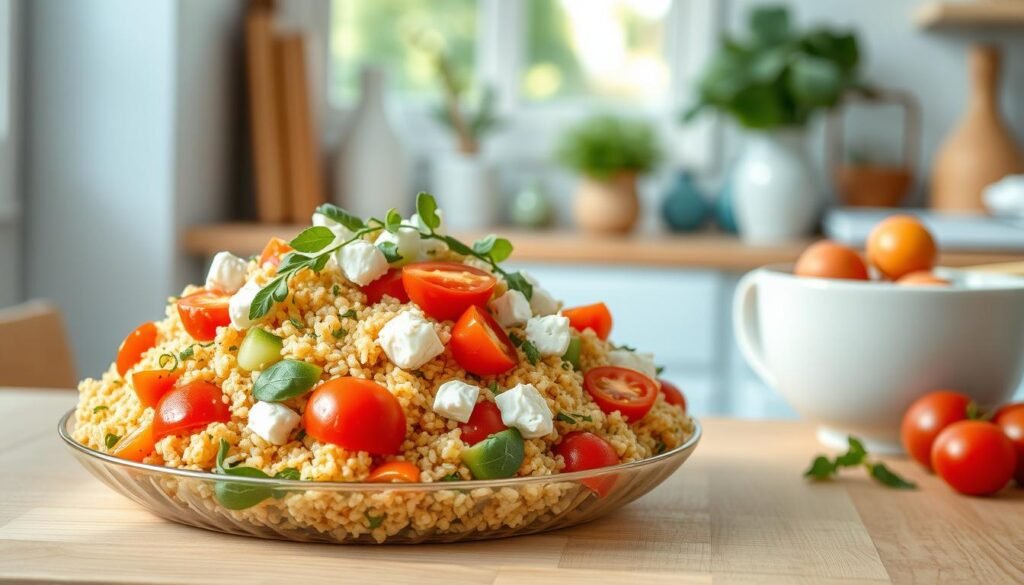 A vibrant Mediterranean quinoa salad set against a backdrop of a cozy, minimalist kitchen. The quinoa grains are fluffy and golden, tossed with a rainbow of fresh vegetables - juicy cherry tomatoes, crisp cucumbers, tangy feta, and fragrant herbs. Soft natural light filters in through the window, casting a warm glow on the wooden textures and light blue accents. The overall scene evokes a sense of clean, wholesome nourishment, perfect for an office lunch that fuels the body and mind.