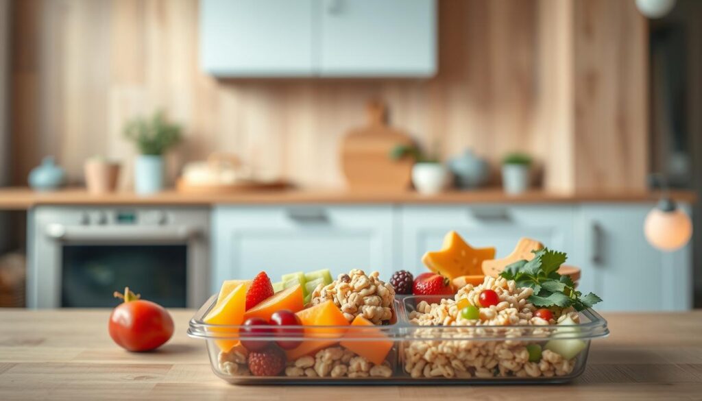 A vibrant, allergen-free bento box showcasing a balanced, kid-friendly meal. In the foreground, an assortment of colorful, allergy-safe ingredients, including fresh fruits, vegetables, and a gluten-free grain or pasta salad. The middle ground features the neatly arranged bento box, its compartments filled with the diverse, allergen-free selections. In the background, a cozy, minimal kitchen with wooden textures and light blue accents, creating a warm, inviting atmosphere. Soft, natural lighting gently illuminates the scene, highlighting the textures and colors of the nutritious, allergy-conscious meal.