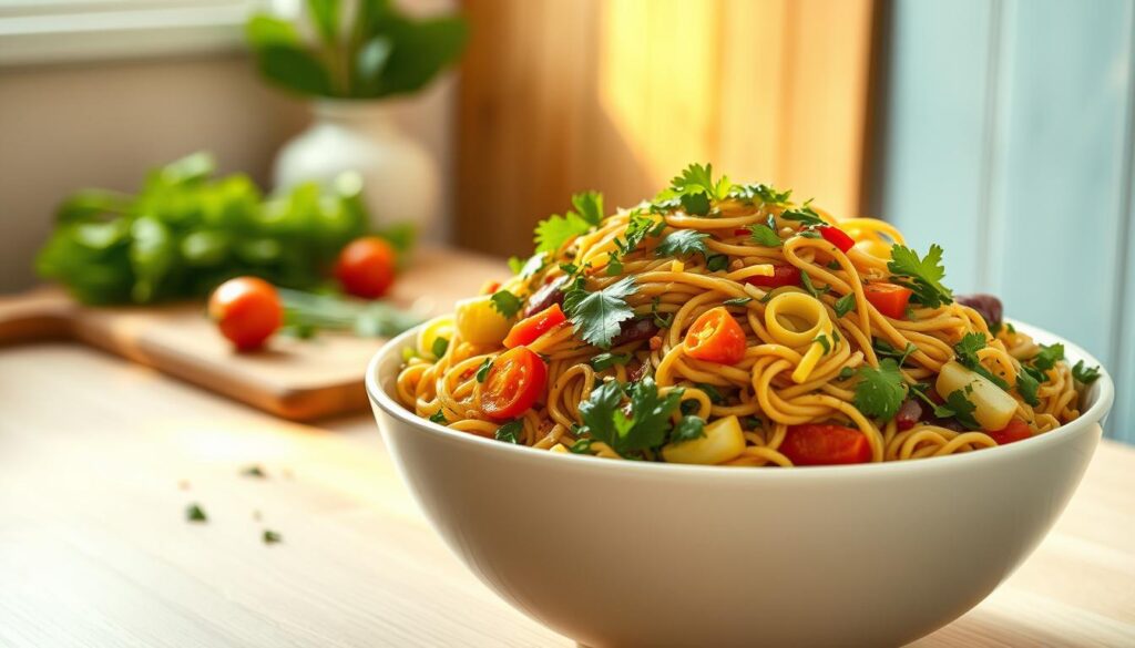 A vibrant and aromatic Asian pasta salad is the star of this cozy, minimal kitchen scene. In the foreground, a large bowl overflows with a colorful medley of vegetables, herbs, and al dente pasta tossed in a light, tangy dressing. The middle ground features a wooden cutting board with a few stray ingredients, hinting at the freshly prepared nature of the dish. Soft, warm lighting casts a golden glow, creating an inviting atmosphere. The background is composed of clean, serene wooden textures and accents of light blue, allowing the pasta salad to shine as the focus of this comforting, globally-inspired culinary creation.