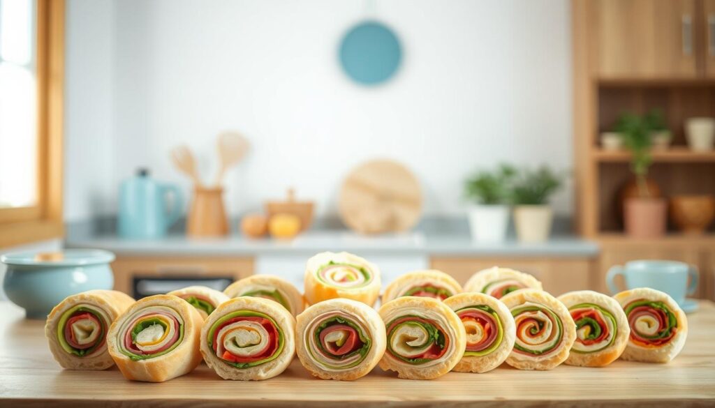 A vibrant and family-friendly pinwheel assembly in a cozy, minimal kitchen with warm wooden textures and light blue accents. Soft natural lighting casts a gentle glow, highlighting the freshly prepared pinwheel sandwiches in the foreground. Colorful fillings and neatly sliced breads create an inviting, appetizing display, perfect for kids and adults alike. The pinwheels are carefully arranged, showcasing their appealing spiral design and enticing the viewer to take a bite. An atmosphere of simplicity and homemade goodness permeates the scene, capturing the essence of easy, nutritious meals for the whole family.