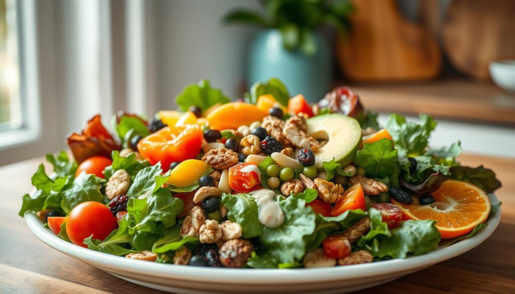A vibrant and flavorful salad with a variety of fresh ingredients arranged in an elegant, visually appealing composition. In the foreground, an assortment of leafy greens, crisp vegetables, and colorful fruits such as cherry tomatoes, avocado slices, and juicy mandarin segments. In the middle ground, a scattering of crunchy nuts, seeds, and dried berries add texture and depth. Finished with a drizzle of a creamy, herb-infused dressing, the salad exudes a sense of freshness and nutrition. The scene is set in a cozy, minimal kitchen environment with warm wooden textures and light blue accents, creating a calming and inviting atmosphere. Soft, directional lighting from the side casts gentle shadows, highlighting the vibrant hues and natural forms of the ingredients.