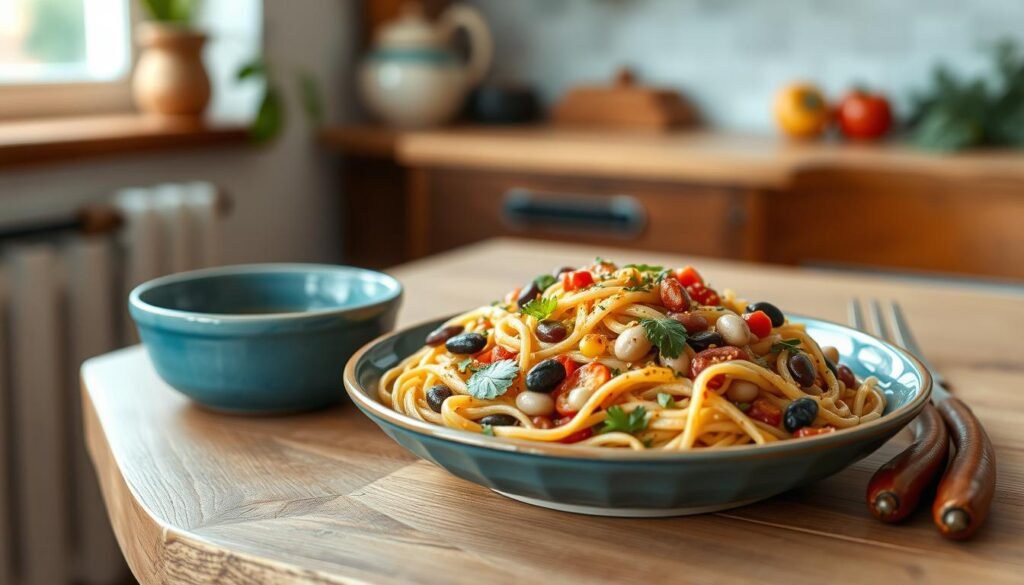 A vibrant and inviting cold bean pasta lunch, presented on a rustic wooden table in a cozy, minimalist kitchen. The pasta, tossed with a medley of colorful beans, fresh herbs, and a zesty vinaigrette, glistens under the soft, natural lighting. Crisp, seasonal vegetables add pops of color, while a simple blue ceramic bowl complements the earthy tones. The composition is balanced, with the pasta and beans taking center stage, surrounded by a clean, uncluttered background that allows the vibrant hues to shine.