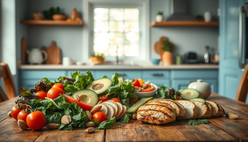 A vibrant and nutritious protein-packed salad ingredients spread, neatly arranged on a rustic wooden table in a cozy, minimalist kitchen with light blue accents. Fresh leafy greens, juicy cherry tomatoes, creamy avocado slices, crisp cucumber spears, crunchy almonds, and succulent grilled chicken breast, bathed in warm, natural lighting and captured from a slightly elevated angle, creating a visually appealing and appetite-whetting composition.