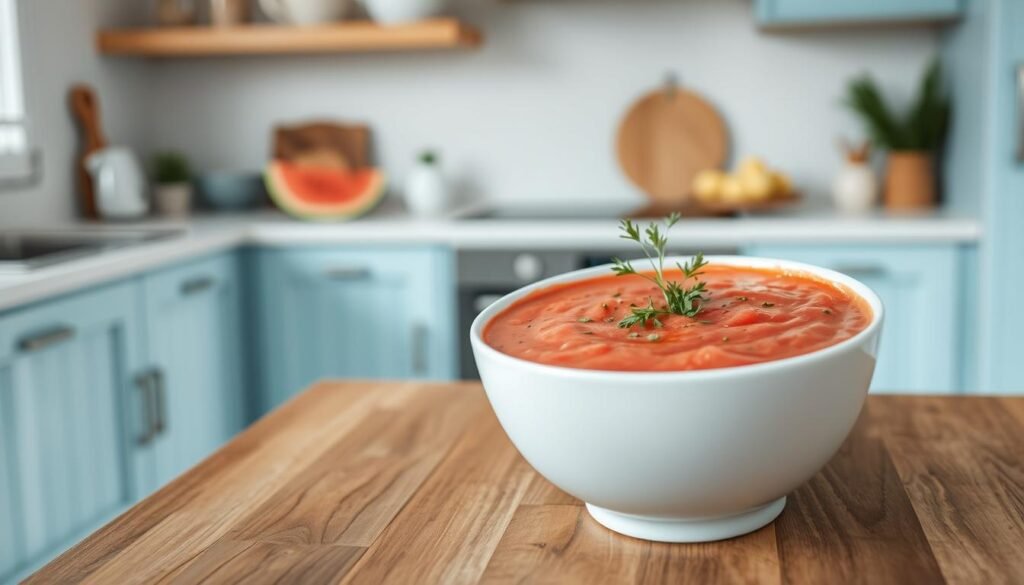 A vibrant and refreshing watermelon gazpacho soup, served in a simple white bowl, resting on a wooden table against a minimalist kitchen backdrop. The gazpacho's vivid pink hue is accentuated by the light blue accents of the kitchen, creating a calming and inviting atmosphere. Garnished with a sprinkle of fresh herbs and a drizzle of olive oil, the soup's cool, creamy texture and sweet-tart flavor invite the viewer to take a sip and savor the flavors of a farmers market-fresh summer produce. Soft, diffused lighting gently illuminates the scene, captured through a wide-angle lens to showcase the kitchen's clean, uncluttered design.