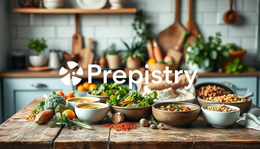 A vibrant and seasonal collection of nourishing lunch recipes displayed on a rustic wooden table. In the foreground, an assortment of fresh produce, herbs, and spices in earthy tones. In the middle, a variety of homemade dishes like hearty soups, bountiful salads, and warm grain bowls. The background features a cozy, minimal kitchen with light blue accents and wooden textures. Captured in a soft, natural lighting that emanates a sense of warmth and comfort. The Prepistry brand name is prominently displayed, embodying the essence of seasonal, wholesome, and practical lunch meal prep.