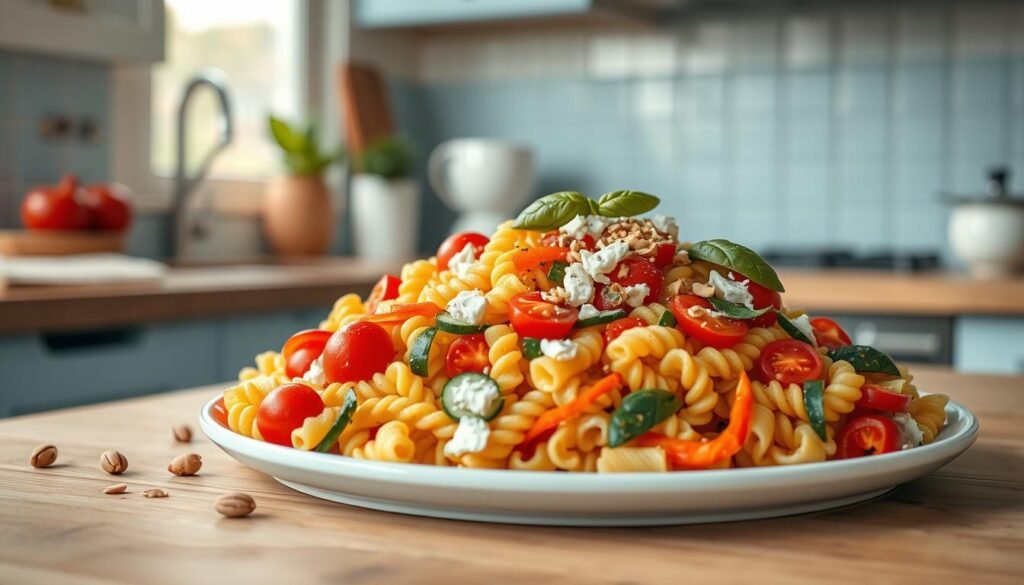 A vibrant and visually appealing pasta salad, arranged artfully on a wooden kitchen counter. Tri-colored fusilli noodles tossed with a medley of fresh vegetables - juicy cherry tomatoes, crisp cucumber slices, and vibrant bell pepper strips. The salad is garnished with toasted pine nuts, crumbled feta cheese, and sprigs of fresh basil, creating a well-balanced dish bursting with flavors and complete proteins. Soft, natural lighting filters in through a nearby window, casting a warm glow over the scene. The minimal, light blue-accented kitchen provides a clean, serene backdrop, allowing the colorful pasta salad to take center stage.
