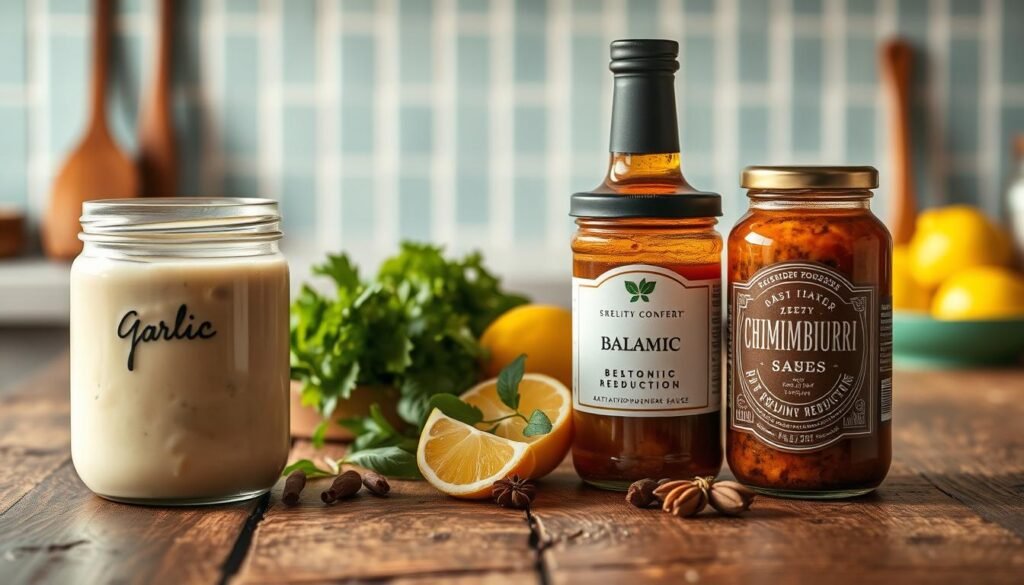 A vibrant arrangement of artisanal flavor-boosting sauces and dressings on a rustic wooden table, bathed in warm, natural lighting. In the foreground, a creamy garlic aioli, a tangy balsamic reduction, and a zesty chimichurri sauce in glass jars with minimalist labels. In the middle ground, a selection of fresh herbs, lemon wedges, and whole spices add pops of color and texture. The background features a simple, light blue tiled backsplash, evoking a cozy, inviting kitchen atmosphere. The overall scene exudes a sense of culinary craftsmanship and seasonal, homemade appeal.