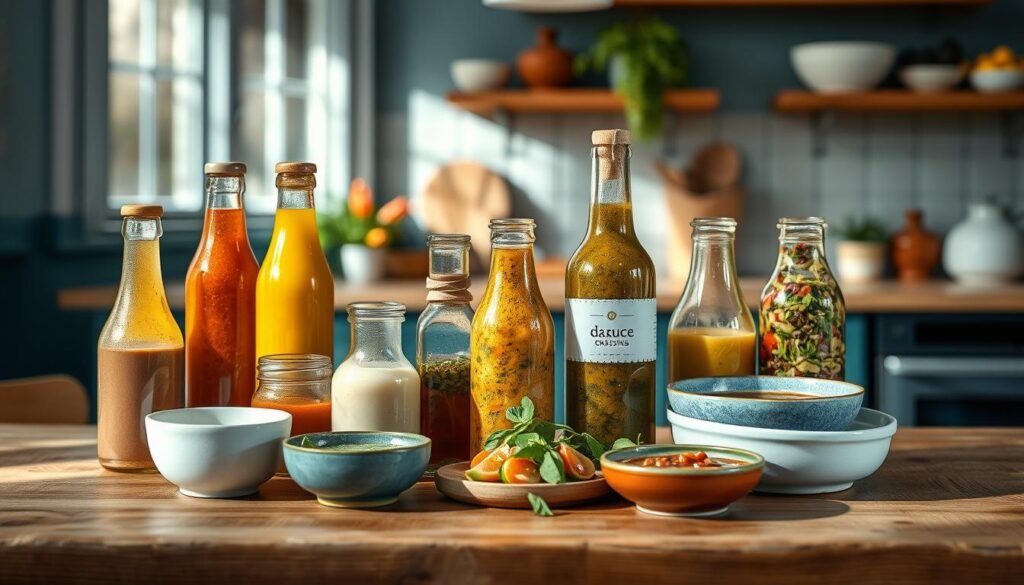 A vibrant arrangement of creative, artisanal salad dressings presented on a wooden table in a cozy, minimalist kitchen with soft blue accents. The scene features an assortment of drizzle-ready sauces, marinades, and vinaigrettes in glass bottles and ceramic bowls, each with distinct colors, textures, and flavors. The lighting is warm and natural, highlighting the rich hues and artful presentation of the dressings, inviting the viewer to imagine the endless flavor possibilities for a fresh, flavorful pasta salad.