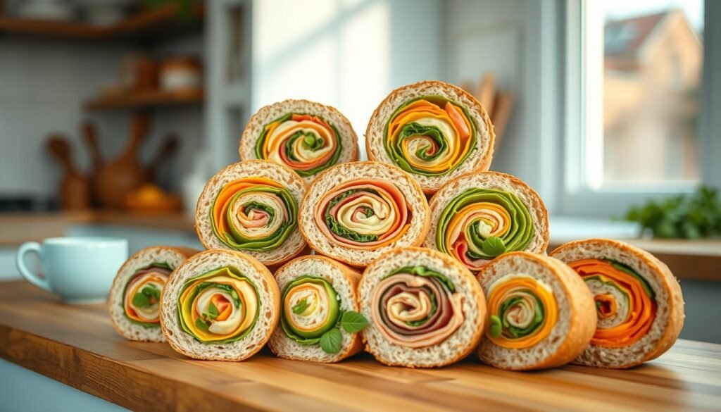 A vibrant arrangement of creative pinwheel sandwiches, meticulously crafted with a variety of fresh ingredients. An array of bold flavors and textures, including savory meats, crisp vegetables, and zesty spreads, are delicately rolled into delightful pinwheel shapes. Soft whole-grain breads provide a canvas for these culinary masterpieces, which are captured in the warm, natural light of a cozy, minimal kitchen. Wooden surfaces and light blue accents create a serene, inviting atmosphere, allowing the vibrant colors and intricate details of the pinwheels to shine.