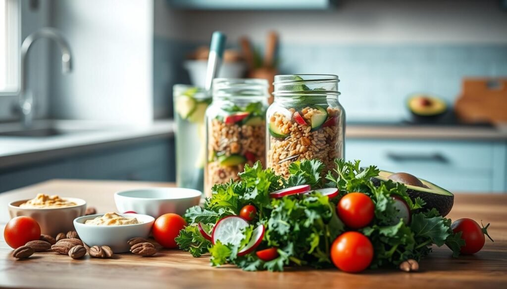 A vibrant arrangement of diverse lunchbox ingredients sits artfully on a wooden table. In the foreground, a crisp pile of fresh kale, radish slices, and cherry tomatoes. Alongside, a small bowl of hummus and a handful of roasted almonds. In the middle, a mason jar filled with layered lentils, quinoa, and diced cucumber. In the background, a glass of refreshing infused water and a ripe avocado half, all bathed in the soft, natural light of a cozy, minimal kitchen with light blue accents.