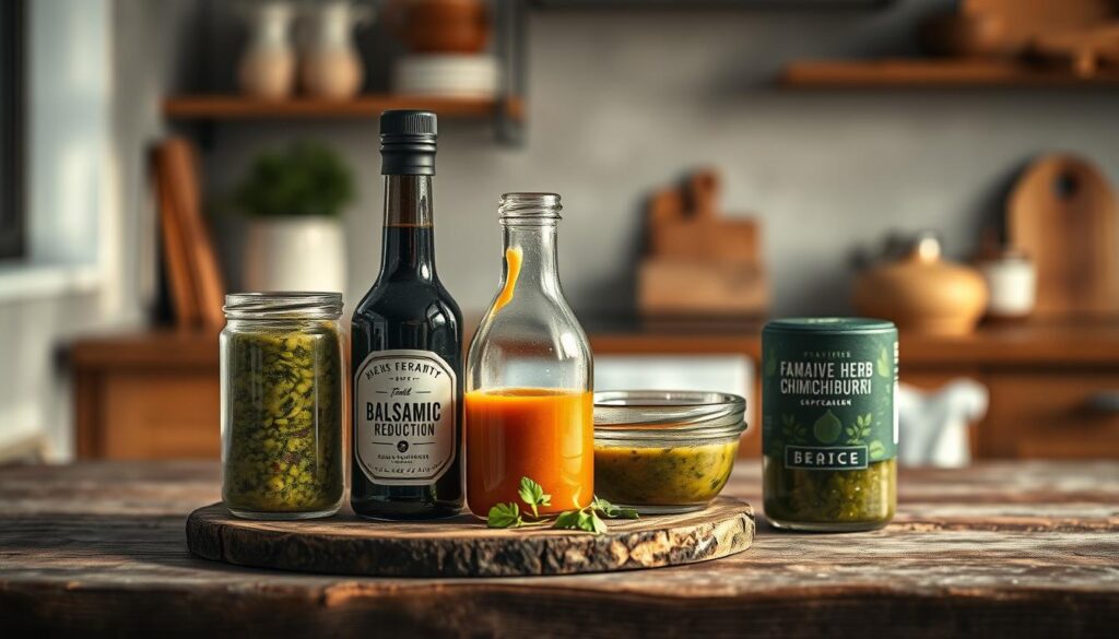 A vibrant arrangement of flavor-boosting sauces - a creamy pesto, a tangy balsamic reduction, and a fragrant herb chimichurri - are artfully displayed on a rustic wooden surface in a cozy kitchen setting. Soft shadows and muted lighting create an inviting, minimalist atmosphere, highlighting the rich colors and textures of the sauces. The scene evokes a sense of culinary inspiration and the promise of elevating everyday meals with simple, flavorful condiments.