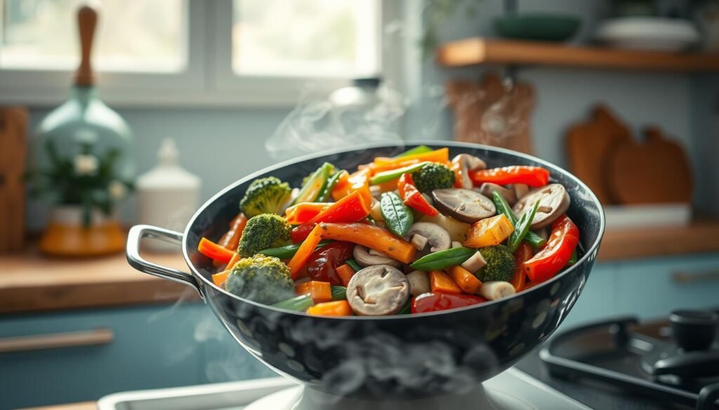 A vibrant arrangement of fresh Asian-inspired stir fry vegetables sizzling in a wok, bathed in a glistening blend of savory sauces and seasonings. An assortment of sliced carrots, broccoli florets, snow peas, shiitake mushrooms, and red bell peppers create a visually striking display against the backdrop of a cozy, minimal kitchen with warm wooden textures and light blue accents. Soft, directional lighting casts a gentle glow, capturing the enticing aromas and inviting the viewer to experience the flavors of this delectable meal prep dish.