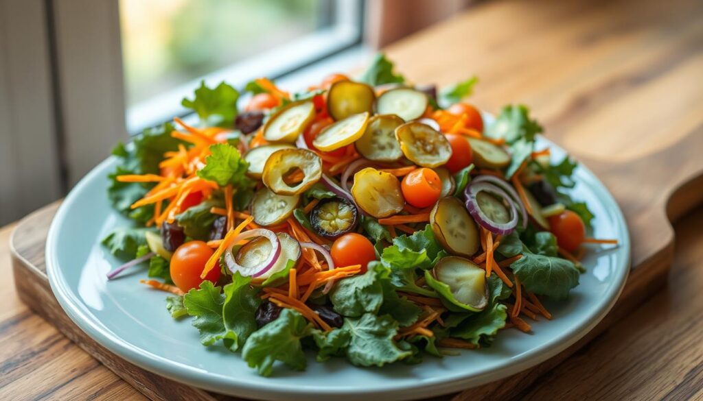 A vibrant arrangement of fresh, crunchy salad greens - crisp romaine, tender baby spinach, and colorful shredded carrots. Dotted throughout are briny, tangy pickle chips in a variety of shapes and sizes, their vibrant green hues complementing the salad. Sliced cucumbers, cherry tomatoes, and thin slivers of red onion add additional pops of color and texture. The salad is presented on a simple, wooden serving board, with a minimal, light blue accent plate for contrast. Soft, natural light filters in through a nearby window, casting a warm glow over the refreshing, flavorful scene.