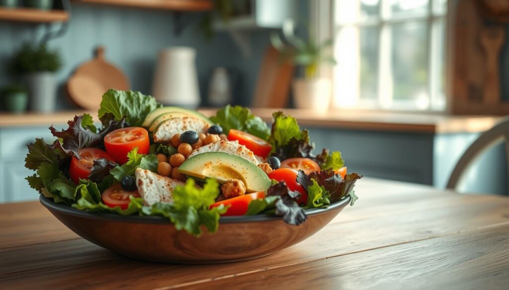 A vibrant arrangement of fresh, flavorful salad ingredients sits atop a wooden table in a cozy, minimalist kitchen with light blue accents. Crisp greens, juicy tomatoes, creamy avocado, and protein-rich elements like grilled chicken or chickpeas are carefully composed to create an appetizing and nutritious high-protein lunch. Soft, natural lighting from a nearby window casts a warm glow, highlighting the texture and color of the ingredients. The scene evokes a sense of simple, balanced living and encourages the viewer to explore the possibilities of crafting delicious and satisfying high-protein salad recipes.