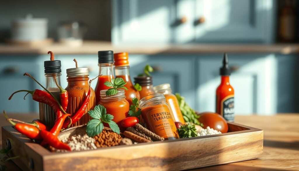 A vibrant arrangement of fresh, flavorful sauces and spices fills a rustic wooden tray in a cozy kitchen. Crimson chili flakes, earthy cumin, and aromatic garlic powder nestle alongside thick, glossy teriyaki and piquant sriracha, casting warm, inviting shadows under soft, natural lighting. Hints of light blue cabinetry and worn wooden textures create a calming, minimalist backdrop, allowing the diverse flavors to take center stage.