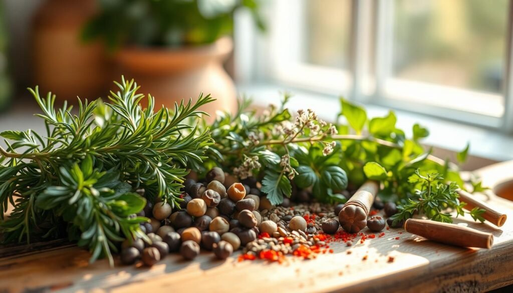 A vibrant arrangement of fresh herbs and aromatic spices, showcased on a rustic wooden cutting board. The sun-dappled light filters through a nearby window, casting a warm glow and creating soft shadows. Sprigs of rosemary, thyme, and oregano mingle with whole peppercorns, cumin seeds, and a sprinkle of paprika, all heightening the senses with their enticing scents. The scene exudes a sense of culinary potential, inviting the viewer to explore new flavor combinations and elevate their everyday meals.