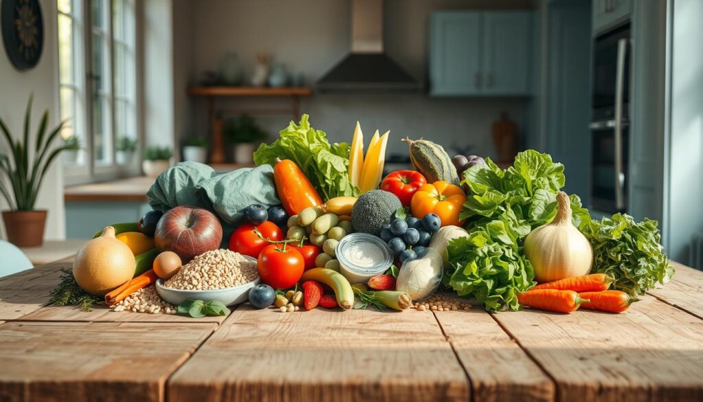 A vibrant arrangement of fresh, nutrient-dense ingredients rests on a rustic wooden table in a cozy, minimalist kitchen. Crisp vegetables, juicy fruits, hearty whole grains, and lean proteins are carefully selected, their colors and textures creating a visually appealing composition. Soft, natural lighting filters through the windows, casting a warm glow and accentuating the clean lines and light blue accents of the space. The scene invites the viewer to imagine the healthy, balanced meal that can be prepared from these wholesome components, a testament to the power of strategic ingredient planning for flavorful and nourishing cuisine.