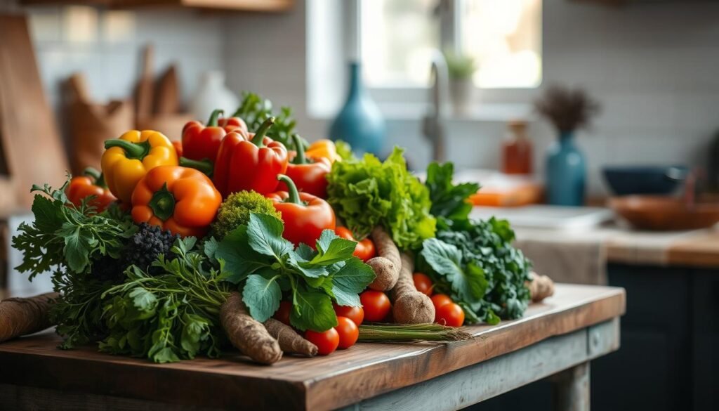 A vibrant arrangement of freshly harvested vegetables, artfully displayed on a rustic wooden table in a cozy, minimal kitchen. Crisp and colorful bell peppers, juicy tomatoes, leafy greens, and earthy root vegetables take center stage, bathed in soft, natural light filtering through the window. The scene exudes a sense of nourishment and wellness, inviting the viewer to imagine the flavorful and nutrient-dense meal that could be prepared from these vibrant ingredients. A touch of blue accents in the background adds a soothing, complementary tone to the overall composition.