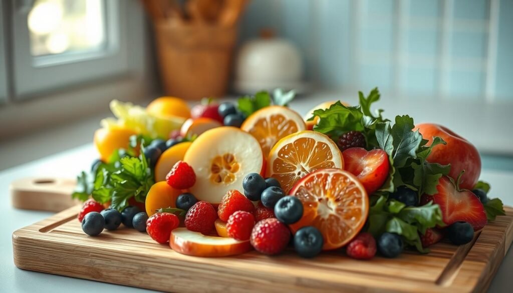 A vibrant arrangement of freshly sliced fruits and vegetables rests on a wooden cutting board, their colors and textures complementing each other in a harmonious display. The soft, natural lighting from a nearby window casts a warm glow, accentuating the juicy, nutrient-rich nature of the ingredients. Sliced apples, berries, citrus, and leafy greens create a visually appealing and appetizing composition, hinting at the delicious and healthy flavor combinations to be discovered. The minimal kitchen setting, with its light blue accents, provides a clean and inviting backdrop, allowing the fresh produce to take center stage.