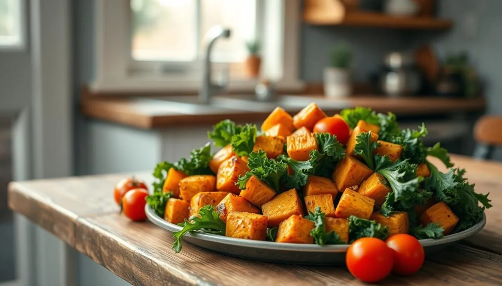 A vibrant arrangement of roasted sweet potato cubes, tender kale leaves, and juicy cherry tomatoes rests on a rustic wooden table in a cozy, minimal kitchen. Soft natural light filters through the window, casting a warm glow and creating gentle shadows. The crisp, verdant kale contrasts beautifully with the golden-brown sweet potatoes, while the cherry tomatoes burst with color. The scene exudes a sense of freshness, wholesome nourishment, and simple, elegant presentation, perfect for a delightful cold lunch.