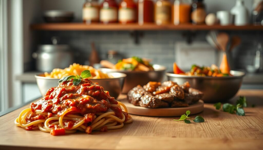 A vibrant arrangement of saucy meal solutions simmers on a wooden kitchen counter, bathed in soft, warm lighting. In the foreground, a creamy, tantalizing pasta dish with a rich tomato sauce, garnished with fresh basil. Beside it, a hearty beef stew with a thick, glossy gravy, surrounded by fragrant herbs. In the middle ground, a flavorful stir-fry with glistening vegetables and a savory, umami-packed sauce. In the background, a shelf displays jars of homemade condiments and spices, hinting at the endless possibilities for elevating every dish. The scene exudes a cozy, inviting atmosphere, reflecting the perfect balance of convenience and culinary excitement.