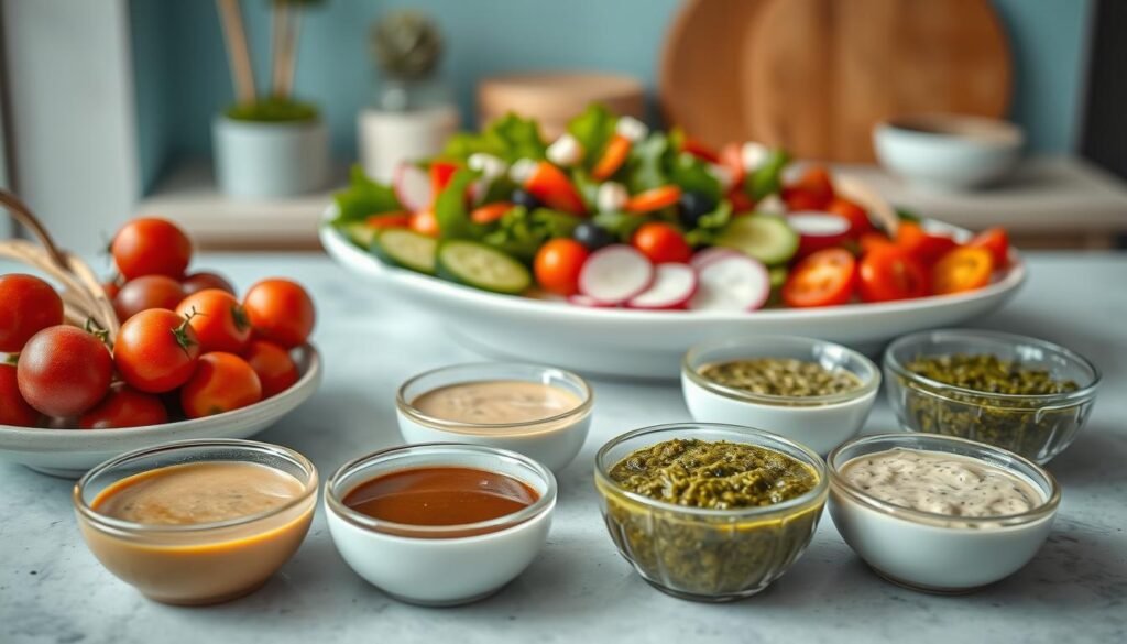 A vibrant arrangement of various sauces and dips, meticulously crafted to elevate a fresh garden salad. In the foreground, a selection of small bowls filled with creamy herb dressing, tangy balsamic reduction, and a fragrant pesto. In the middle ground, a sleek white platter hosts an assortment of crudités, including crisp radishes, juicy cherry tomatoes, and crunchy cucumber slices. The background features a cozy, minimalist kitchen setting with light blue accents and warm wooden textures, creating a serene and inviting atmosphere. The lighting is soft and natural, capturing the vibrant colors and textures of the ingredients. This image perfectly captures the essence of "Mixing Flavors: Sauces, Dips, and Dressings to Elevate Your Lunch" within the broader context of "No Heat Lunchbox Meals Garden Harvest Seasonal Eating."