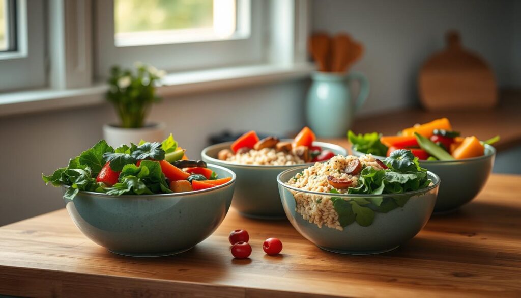 A vibrant arrangement of vegetarian meal prep bowls sits on a wooden kitchen counter. Roasted vegetables, quinoa, and leafy greens create a colorful, nutritious scene. Warm, natural lighting from a nearby window casts a soft glow, highlighting the varied textures and hues. The minimal, light blue accents provide a calming backdrop, allowing the fresh, plant-based ingredients to take center stage. This wholesome, inviting display reflects the 