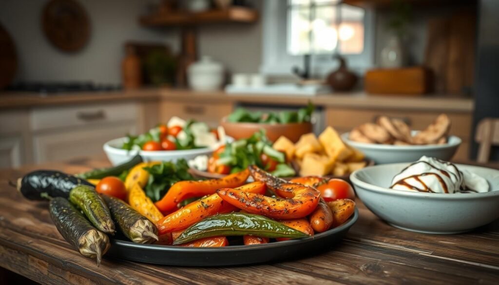 A vibrant array of Italian side dish ideas artfully arranged on a rustic wooden table in a cozy, minimal kitchen. In the foreground, a selection of roasted vegetables - tender eggplant, zucchini, and bell peppers - glistening with herbs and olive oil. In the middle ground, a colorful salad of arugula, tomatoes, and shaved parmesan. Complementing the produce, a platter of grilled polenta wedges and a dish of creamy burrata, drizzled with balsamic reduction. Soft, diffused lighting casts a warm glow, highlighting the rich textures and colors. The scene evokes a sense of Mediterranean simplicity and culinary delight.