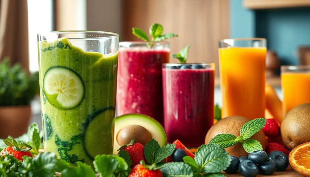 A vibrant array of antioxidant-rich smoothies and juices fills the frame, their vivid colors and textures inviting a closer look. In the foreground, a freshly blended green smoothie with kale, spinach, and avocado swirls in a glass. Beside it, a rich berry smoothie with blueberries, raspberries, and chia seeds. In the middle ground, a tall glass of refreshing carrot and ginger juice, its golden hue complemented by a sprig of mint. The background features a minimal, cozy kitchen with wooden textures and light blue accents, creating a calming, wellness-focused atmosphere. Soft, natural lighting casts a warm glow over the scene, capturing the essence of these nourishing, antioxidant-boosting beverages.