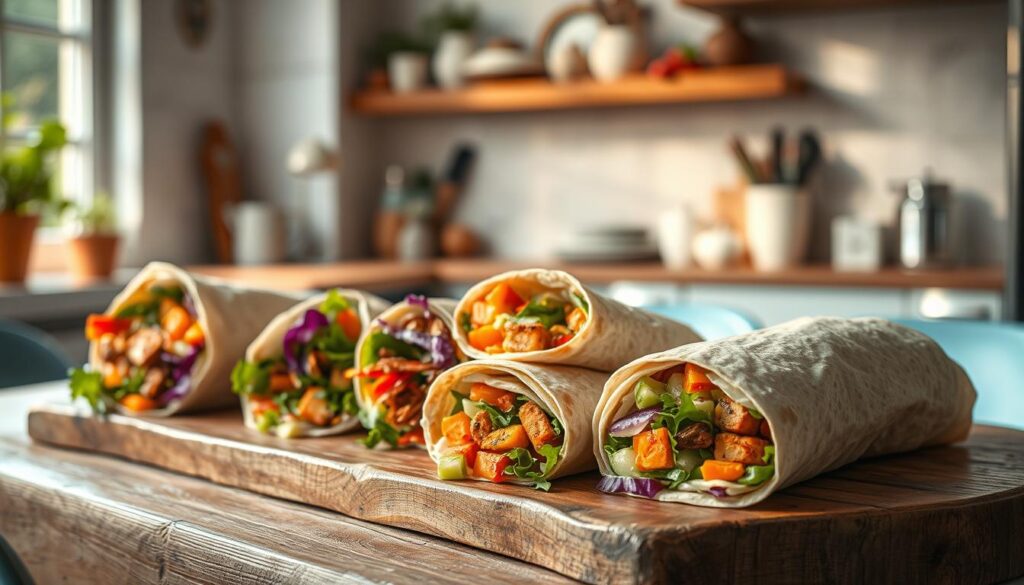 A vibrant array of colorful, unconventional wraps crafted with global flavors sit invitingly on a rustic wooden table in a cozy, minimalist kitchen. The wraps feature vibrant ingredients like roasted vegetables, marinated tofu, and exotic spices, all carefully rolled in supple, artisanal tortillas. Soft lighting from a nearby window casts a warm, natural glow, highlighting the textures and hues of the creative fusion. Light blue accents complement the earthy tones, creating a serene, modern atmosphere. The composition exudes a sense of culinary experimentation and a celebration of diverse culinary traditions.