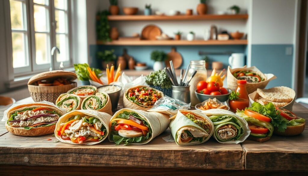 A vibrant array of creative sandwich and wrap ideas, artfully arranged on a rustic wooden table in a cozy, minimal kitchen. Freshly sliced breads, crisp vegetables, flavorful meats, and zesty condiments come together in a visually striking display. The soft light from large windows casts a warm glow, highlighting the textures and colors. In the foreground, a selection of perfectly constructed wraps and sandwiches with an array of unique fillings, from classic tuna salad to innovative vegetarian options. In the middle ground, a mix of ingredients and garnishes spill out, inviting the viewer to imagine the endless possibilities. The background features simple wooden shelves and light blue accents, creating a serene and inviting atmosphere.