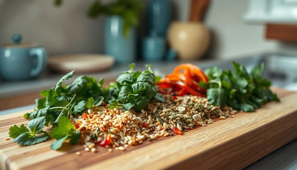 A vibrant array of flavorful toppings fills a wooden cutting board in a cozy, minimal kitchen. Freshly chopped herbs - fragrant basil, earthy oregano, and zesty lemon thyme - mingle with toasted sesame seeds, crushed red pepper flakes, and a drizzle of rich balsamic glaze. The warm lighting casts a soft glow, highlighting the textures and hues of the artfully arranged ingredients. A touch of light blue accents in the background add a soothing contrast, creating an inviting and organized scene perfect for enhancing any sheet pan dinner.