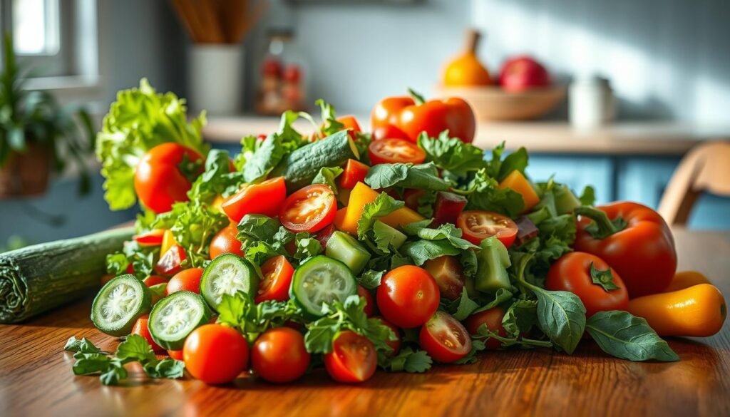 A vibrant array of fresh, crisp vegetables arranged artfully on a wooden table, bathed in soft, natural light. Juicy tomatoes, crunchy cucumbers, leafy greens, and colorful bell peppers create a visually stunning, nutritious salad. The scene radiates a sense of simplicity and health, reflecting the "Healthy and Nutritious Cold Salad Recipes" theme. The minimal kitchen setting, with light blue accents, provides a calming, inviting backdrop, drawing the viewer's attention to the vibrant, appetizing salad at the forefront.