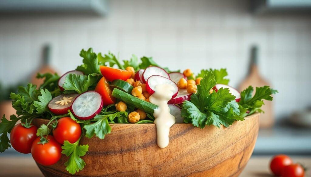 A vibrant array of fresh greens, ruby-red tomatoes, and crisp cucumbers spill over the edges of a rustic wooden salad bowl, set against a backdrop of light blue kitchen cabinetry. Sliced radishes, roasted chickpeas, and a drizzle of creamy dressing add pops of color and texture, inviting the viewer to dive in and savor the refreshing flavors. Soft, diffused lighting casts a warm glow, accentuating the natural beauty of the ingredients. The overall scene exudes a sense of simplicity and mindfulness, perfectly capturing the essence of a nourishing, midday meal.