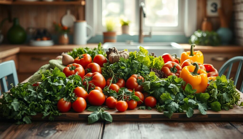 A vibrant array of fresh ingredients arranged on a rustic wooden table in a cozy, minimal kitchen. Crisp greens, juicy tomatoes, fragrant herbs, and colorful bell peppers bask in soft, natural lighting. The scene exudes a sense of simplicity and abundance, perfect for a nourishing sheet pan dinner. Wooden textures and light blue accents create a calming, inviting atmosphere, while the lack of hands suggests a moment of focused preparation, ready to transform these versatile elements into a satisfying meal.