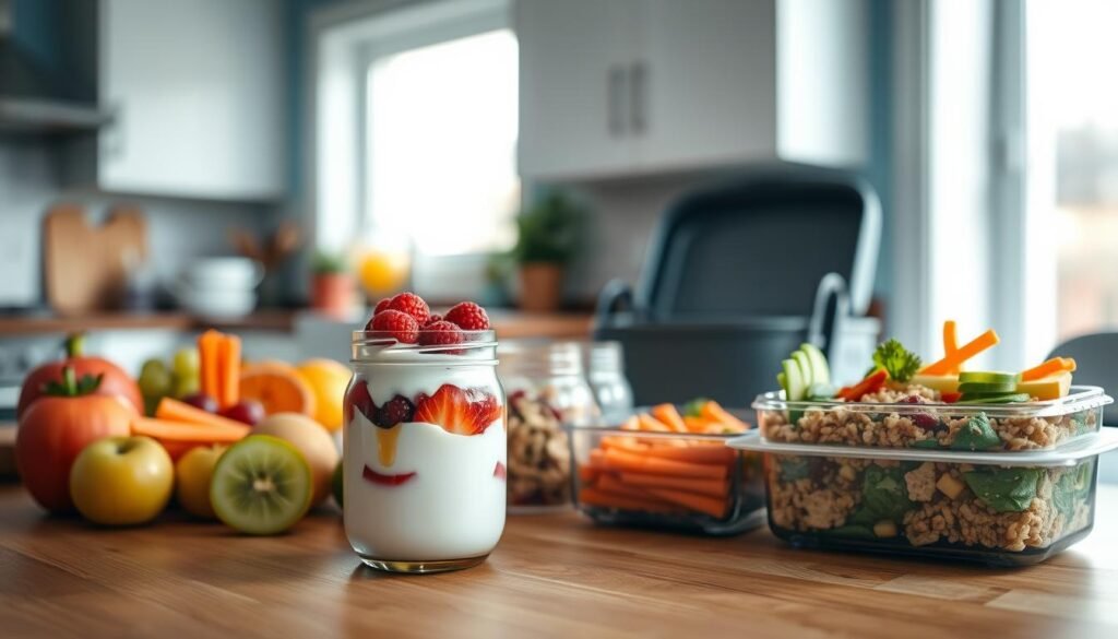A vibrant array of fresh, no-heat lunchbox meals artfully arranged on a wooden table. In the foreground, a creamy yogurt parfait layered with juicy berries, sliced kiwi, and a drizzle of honey. Surrounding it, a selection of whole fruits like apples, oranges, and grapes, as well as crisp carrot and cucumber sticks. In the middle ground, a glass mason jar filled with a hearty salad, and a reusable lunchbox containing a colorful quinoa and roasted veggie medley. The scene is bathed in soft, natural light filtering through a nearby window, creating a warm, inviting atmosphere in a cozy, minimal kitchen with light blue accents.
