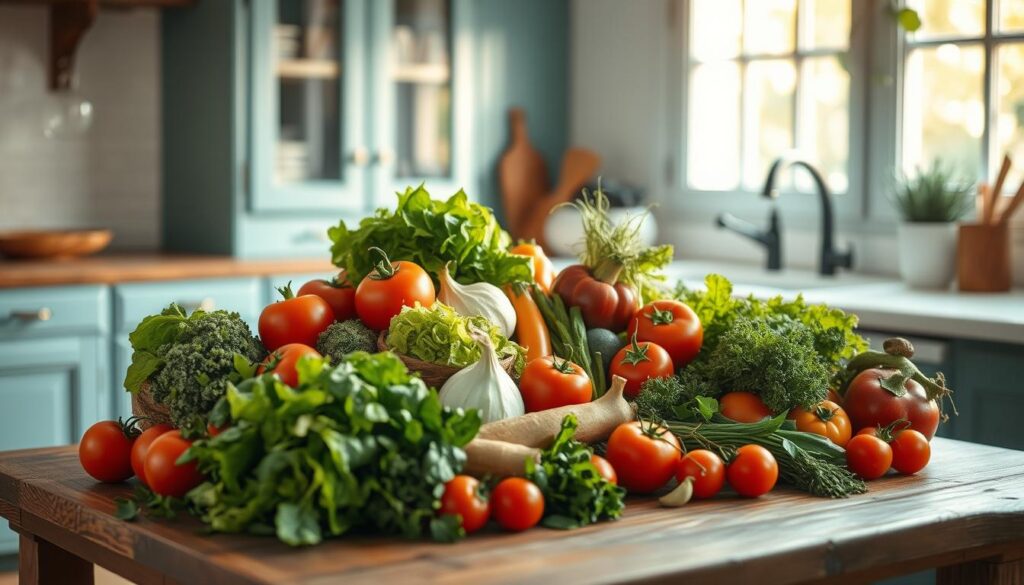 A vibrant array of fresh produce, meticulously arranged on a rustic wooden table in a cozy, light-filled kitchen. Crisp greens, juicy tomatoes, aromatic herbs, and an assortment of other seasonal ingredients offer endless possibilities for customizable recipes. Soft, natural lighting from a nearby window casts a warm glow, accentuating the textures and colors of the vibrant display. The minimal, light blue accents of the kitchen create a serene, inviting atmosphere, allowing the natural beauty of the ingredients to take center stage. This scene captures the essence of culinary creativity, inspiring the exploration of umami-rich, additive-free meal variations.
