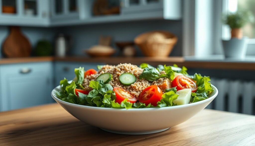 A vibrant array of fresh salad greens, juicy tomatoes, crunchy cucumbers, and hearty grains such as quinoa and farro fill a large white serving bowl. The bowl is placed on a wooden table in a cozy, minimalist kitchen with light blue accents. Soft natural light from a nearby window bathes the scene, casting gentle shadows and highlighting the textures of the ingredients. The composition is balanced and visually appealing, inviting the viewer to imagine the nourishing and satisfying flavors of this wholesome, homecooked meal.