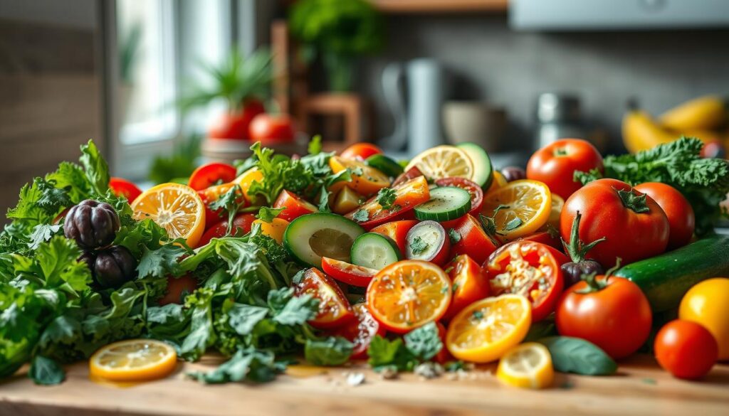 A vibrant array of fresh salad ingredients artfully arranged on a wooden kitchen counter. An assortment of crisp greens, juicy tomatoes, crunchy cucumbers, and vibrant bell peppers in a rainbow of colors. Ripe avocado slices and juicy citrus segments add pops of vivid hues. Drizzles of olive oil and sprinkles of herbs complete the composition, creating a visually stunning and appetizing cold lunch salad. Soft, indirect light from a nearby window illuminates the scene, casting a warm glow and highlighting the natural textures of the wood and produce. The scene conveys a sense of freshness, wholesomeness, and culinary inspiration.